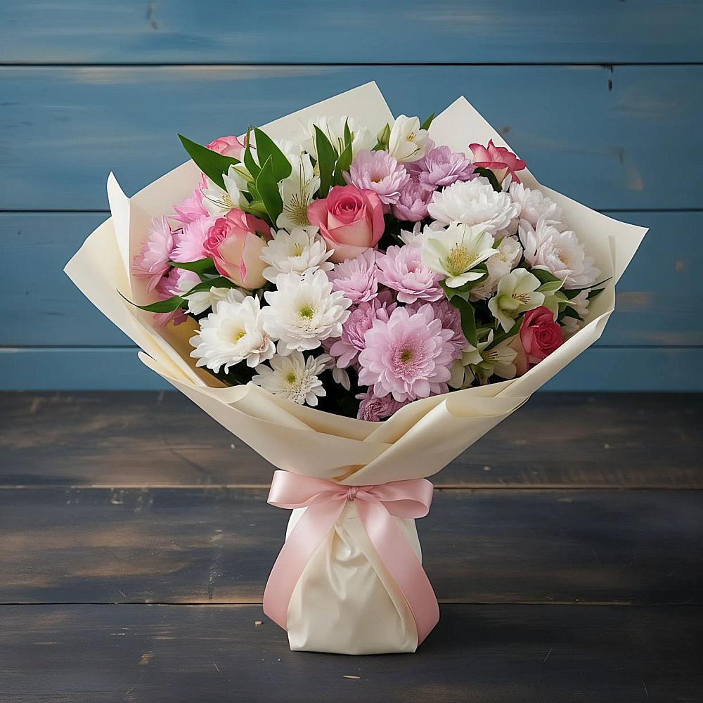 Букет цветов из: Хризантемы, Альстромерии и Розы в Лыткарино